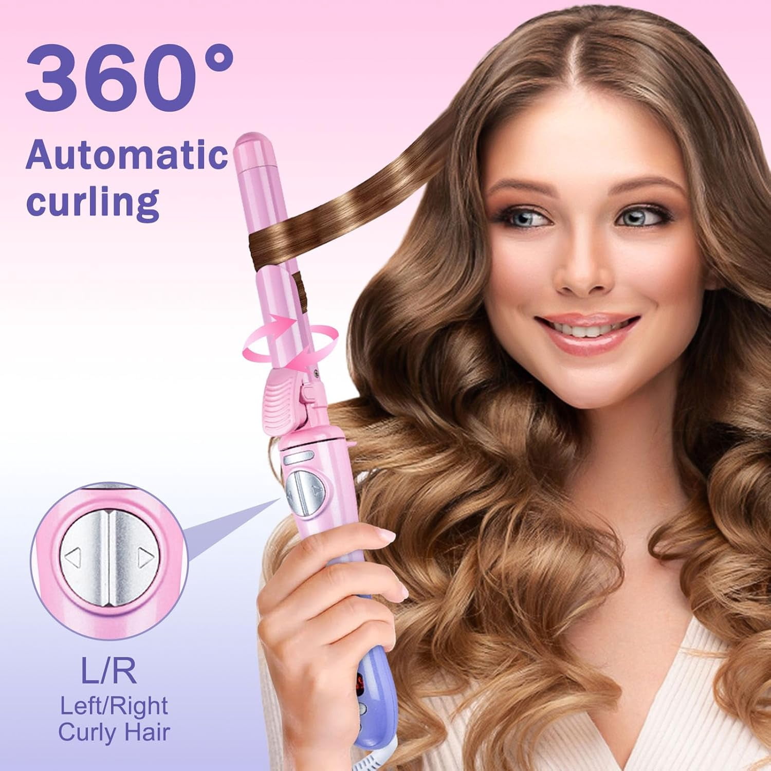 Curling Iron，Automatic Curling Iron，Ceramic Material Does not harm Hair, Temperature Display, Ceramic Heat Pipe Length 5.1 inches，Pink Sunse