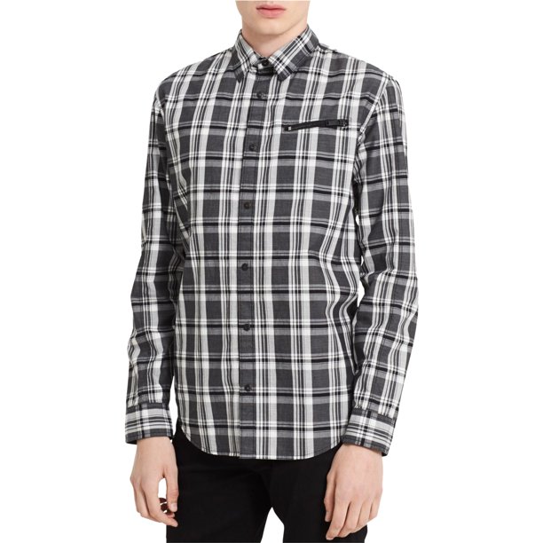 Calvin Klein Mens Jasper Plaid Button Up Shirt, black, M Neck