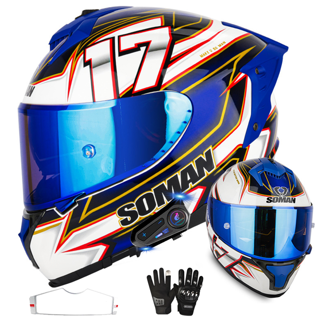 Casque de Moto, Approuvé par Points, Microphone Double Haut-Parleur Intégré, Casque Modulaire à Double Visière, pour Hommes Femmes Adultes, Contient Casque de Moto, Autocollant Anti-Buée, Gants