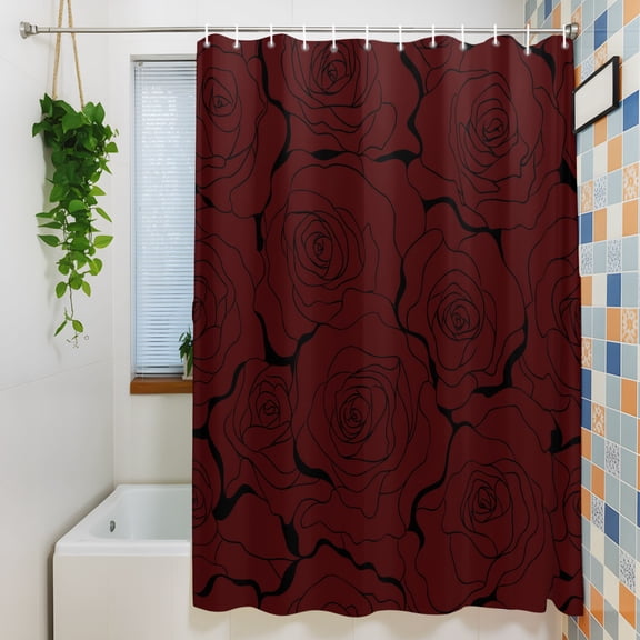 Shower Curtain, Retro Burgundy Red Black Rose Waterproof Polyester Fabric Bath Curtain with Hooks for Bathroom Bathtub Stalls, Mystic Flower Sketch 36x72IN