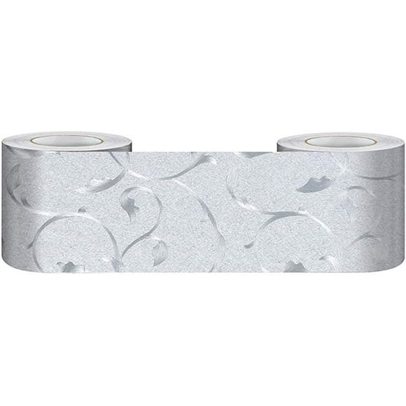 yeuweold 5cm X 500cm 1 Volume Wall Border Self Adhesive Waterproof PVC Wallpaper Kitchen Bathroom Skirting Wall Decor Die Cut Bulletin Board Border Silver Vine