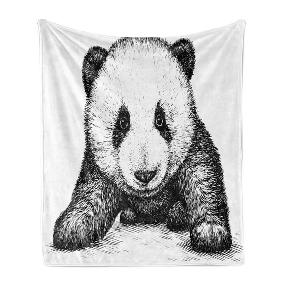 Panda Soft Flannel Fleece Throw Blanket, Baby Panda Bear Illustration Sketch Style Artwork Nature Wild Animals Theme, Cozy Plush for Indoor and Outdoor Use, 50" x 70", Black White, by Ambesonne