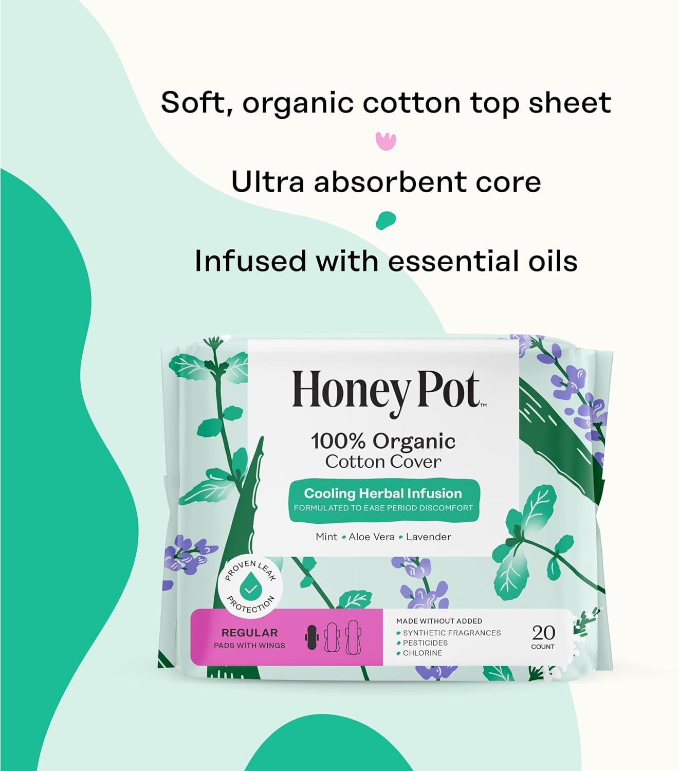 Herbal Sanitary Pads for Women - Regular Flow w/Wings - Infused w/Essential Oils for Cooling Effect & Organic Cotton Cover - Feminine Care - 20 ct