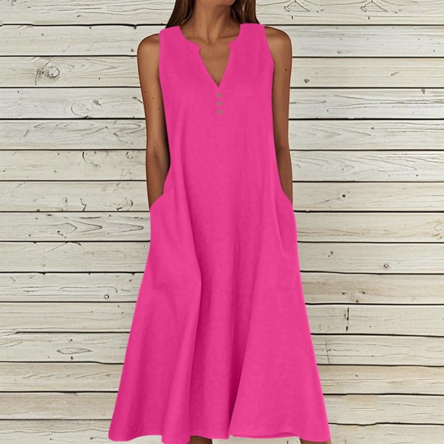 Robes Femmes, Robes d'Été pour Femmes Couleur Unie Sans Manches Bouton Col en V Robes Longueur Genou avec Poches
