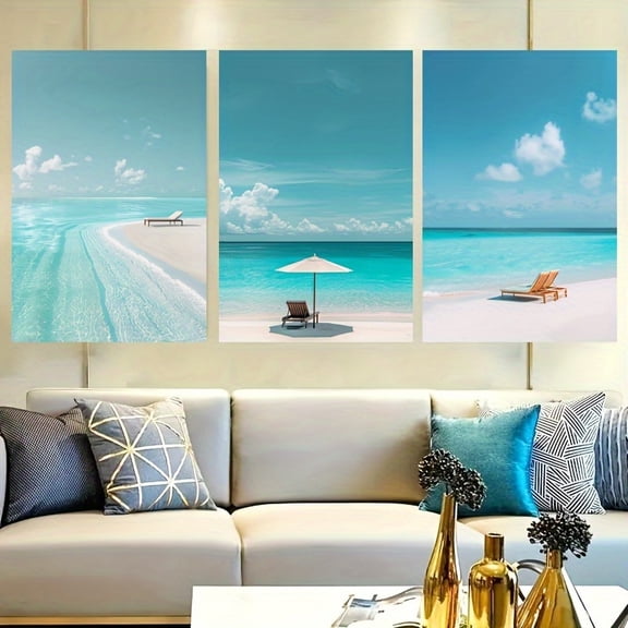 3pcs Coastal Beach Scene Canvas Wall Art Set, Embossed Fabric Print, Frameless Seascape Decor for Living Room, Bedroom, Office
