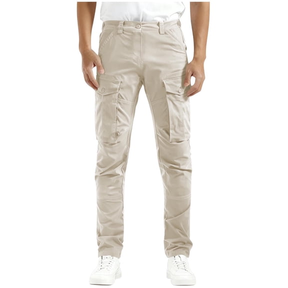 YUTK Hiking Pants Men New Men Casual Solid Multiple Pockets Outdoor Straight Type Fitness Pants Cargo Pants Trousers Beige L