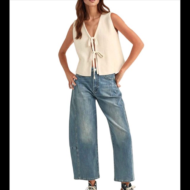 Suéter Sin Mangas de Verano para Mujer, Tejido A Crochet, con Lazo Frontal, Color Albaricoque, Talla M