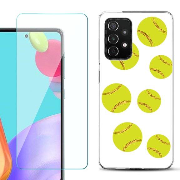 Slim-Fit Flexible Gel TPU Phone Case compatible with Samsung Galaxy A52 5G, with Tempered Glass Screen Protector, by OneToughShield ® - Softball Seven