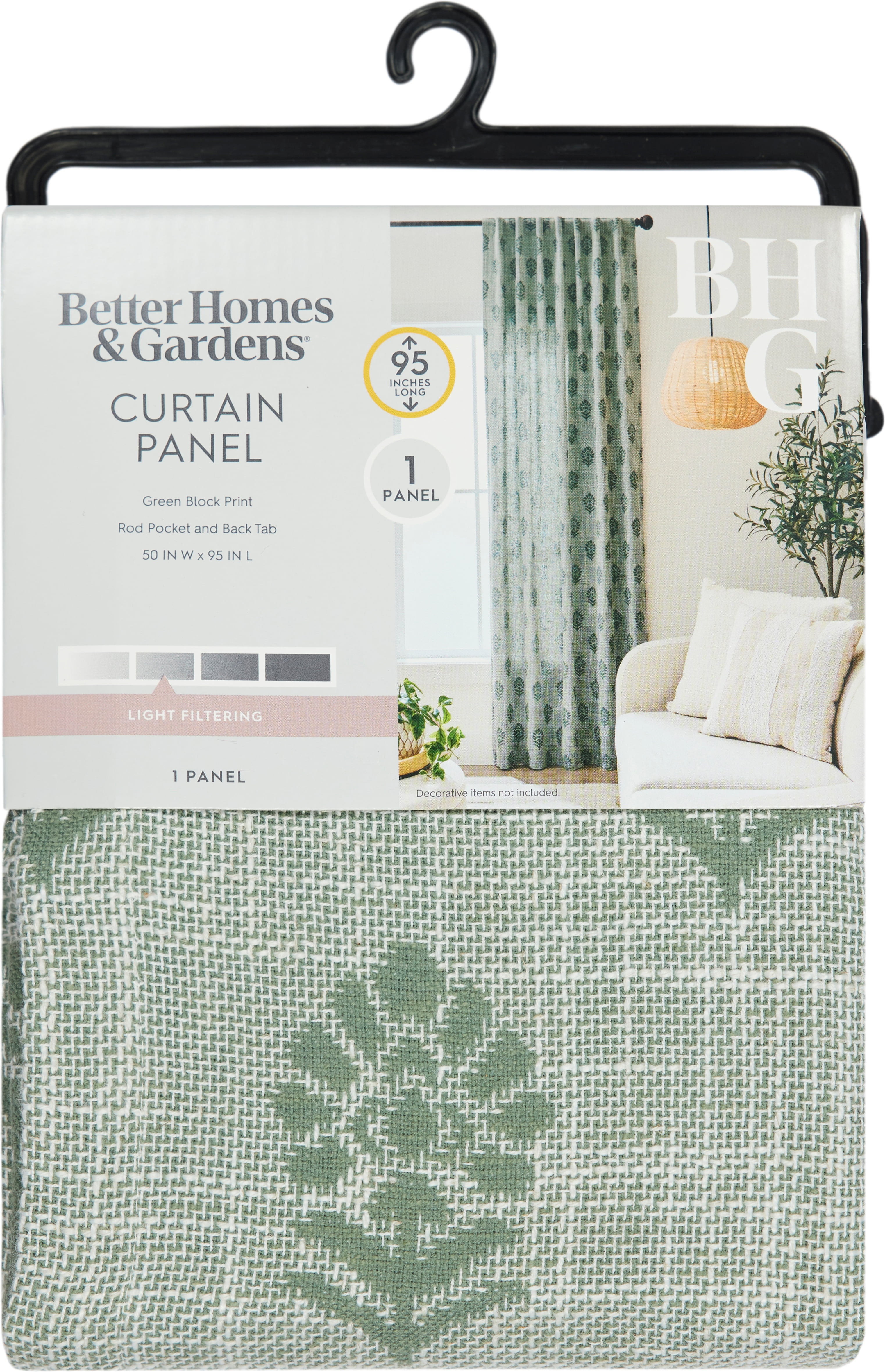 Better Homes & Gardens Floral Block Print Light Filtering Single Curtain Panel, Green, 50 in W x 95 in L