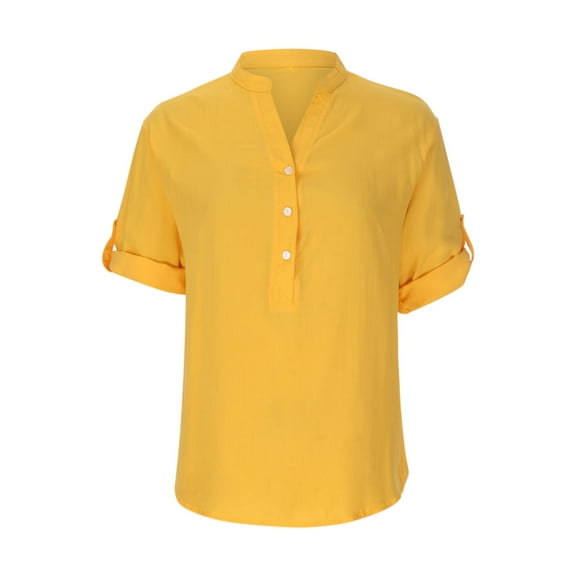 Womens Summer Tops Casual V-neck Solid Color Button Down Shirt Ladies Beach Blouses Tops for Women