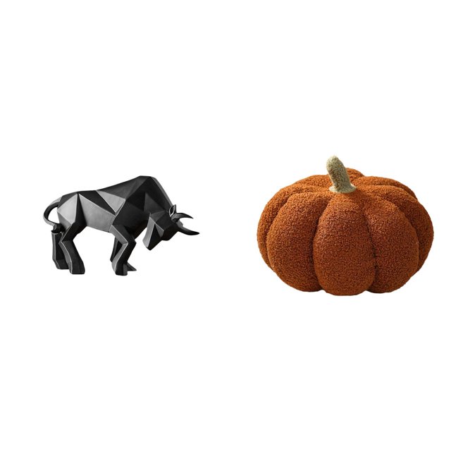 Escultura moderna de toro de resina y cojín de calabaza de Halloween. Pieza decorativa coleccionable para la entrada, mesa, sofá, cama o dormitorio.