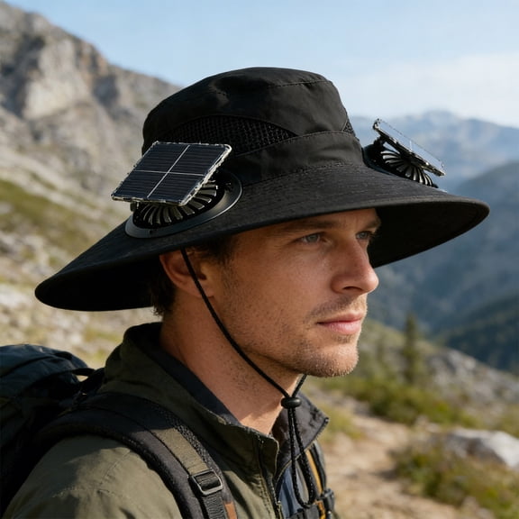 Solar Fan Hat with 2 Fans, Wide Brim Fishing Hat for Men Women, USB Charging, Sun Hat for Outdoor Hiking, Gardening, Fishing