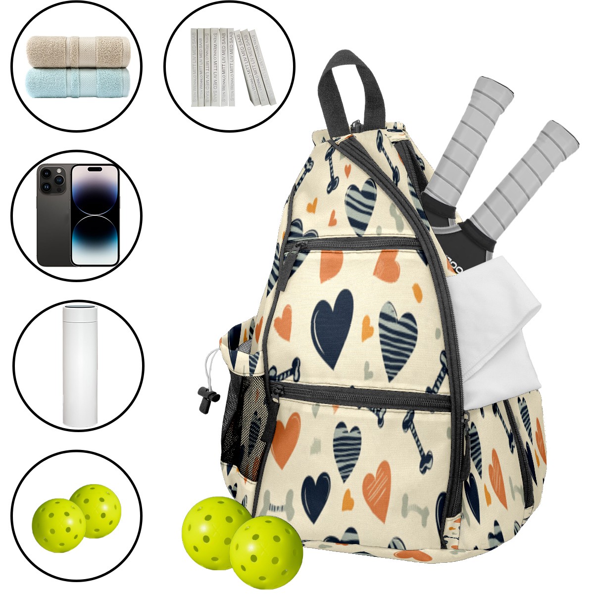 Pickleball Bags for Men Women Pickleball Backpack with Large Capacity Lightweight Adjustable Pickleball Sling Bag Hold Paddles, Balls, Accessories Heart And Bone Pattern