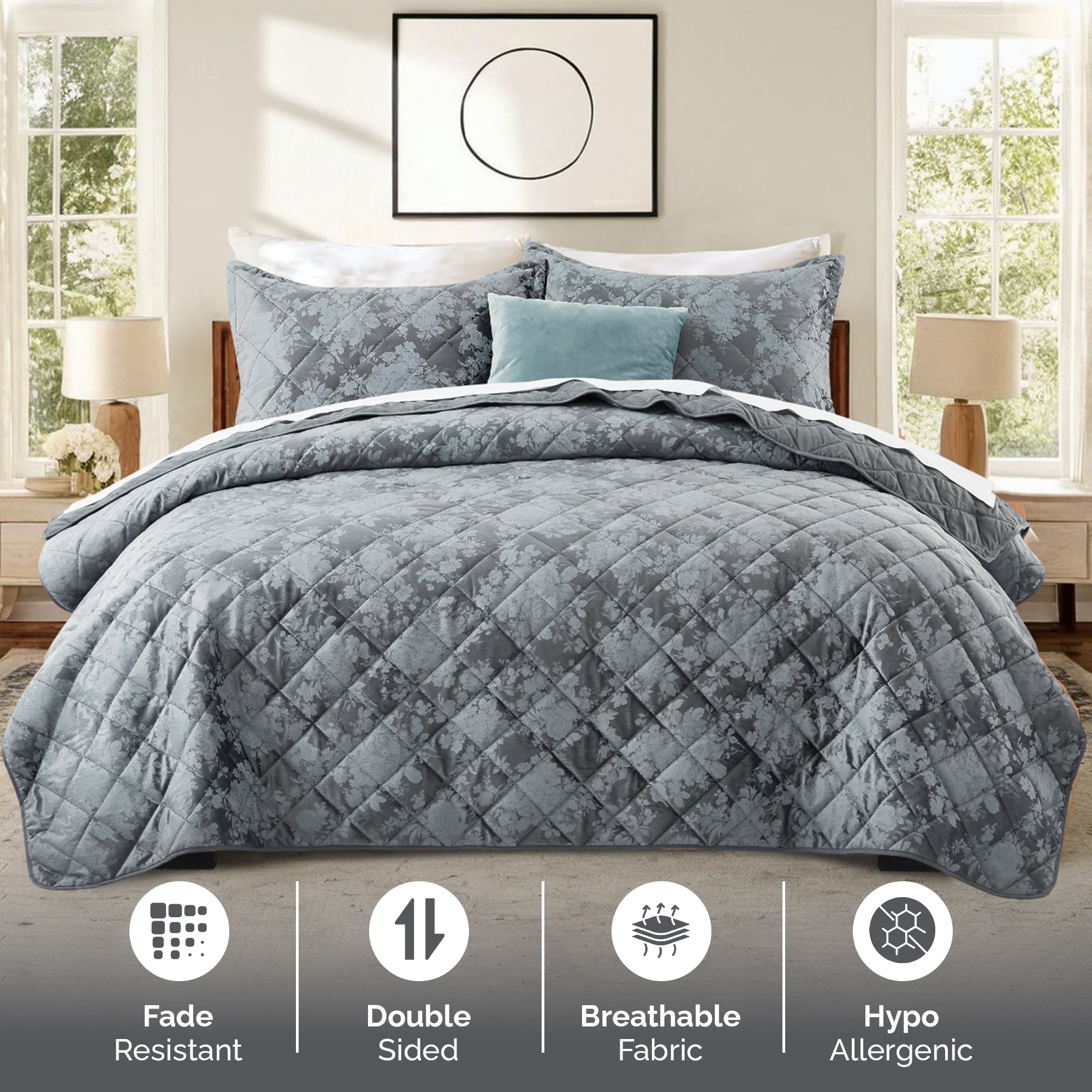IR Imperial Rooms Velvet Bedspread Floral Pattern 3-Piece Set Ultrasonic Embossed Quilt Reversible Soft Microfiber Coverlet Queen Size Grey