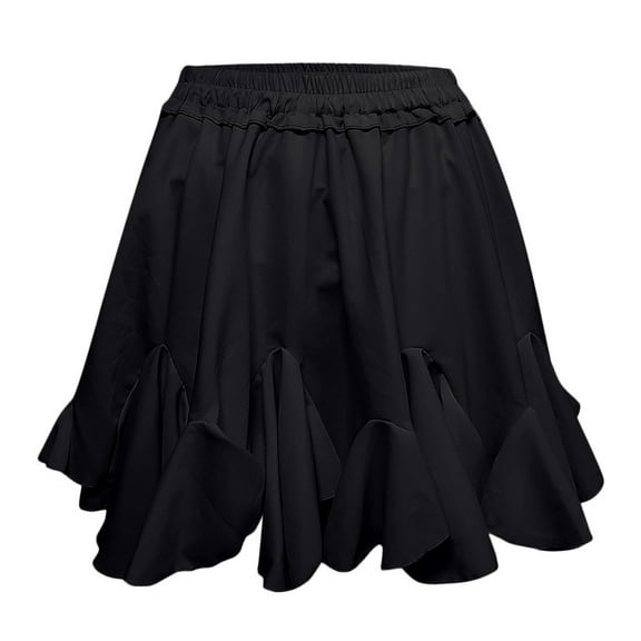 EDFBUYKRS Female Skirts Pleated Black Skirt Midi 28 Women Summer Casual High Waist Ruffled Solid Beach Short Skirt