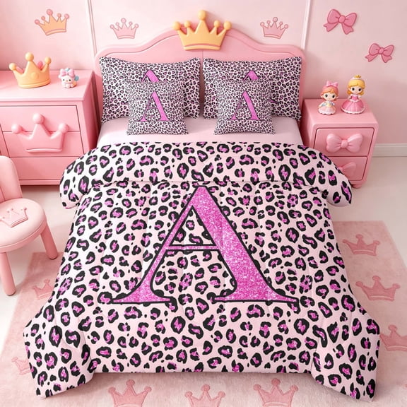 meiyoeat Glitter Leopard Print Letter A Twin Bedding Sets, Girls Teens, Pink Sparkle Monogrammed Bedding Comforter Set, Pink Reversible 7 Pieces