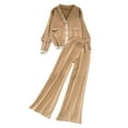 thumbnail image 2 of Sriper Casual Sets for Women 2 Piece Business Lounge Outfits Long Sleeve Button V-Neck Cardigan High Low Hem Comfy Tops High Waisted Wide Leg Dress Pants Baggy Slacks Matching Set Fit Work Streetwear, 2 of 6
