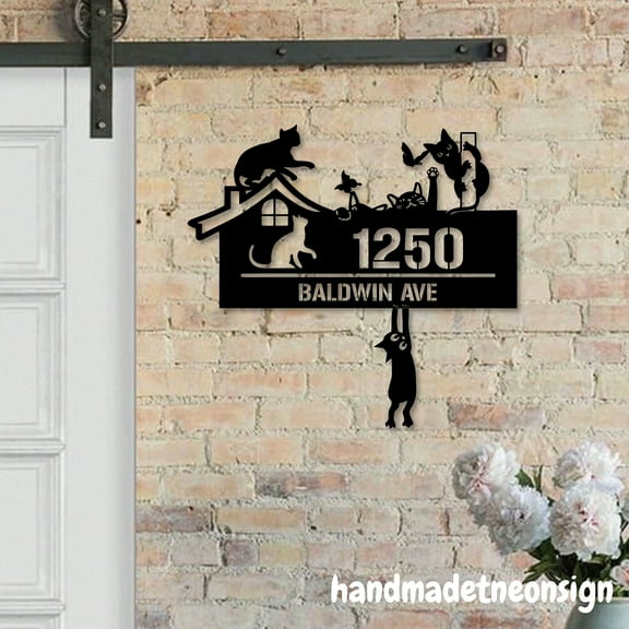 Handmadetneonsign Cute Cat House Number, Cat Home Address Metal, Custom House Address Sign Plaque 70128