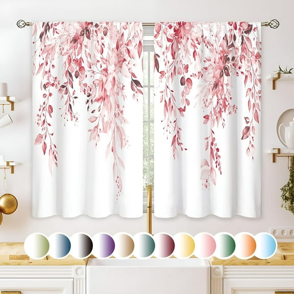 AUQ Pink Eucalyptus Botanical Leaves Floral Kitchen Window Curtains Over Sink Farmhouse Flower Leaf Small Window Treatment Cafe Short Curtains for Bathroom Treatment Tier Drapes 27.5x39"