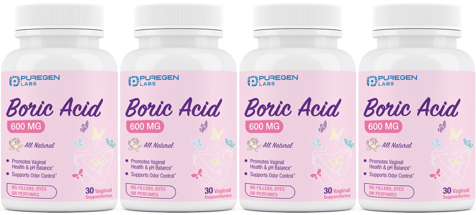 Puregen Labs Boric Acid 600mg Feminine Health Suppositories, 30 Count, 4-PK