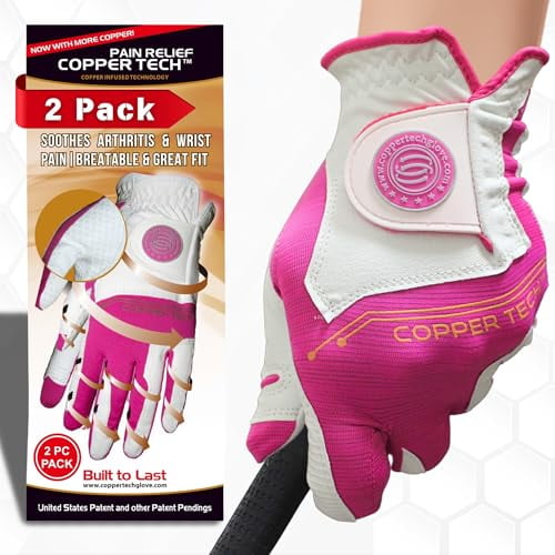 Copper Tech Ladies Golf Gloves Women (2 Pack) | Copper Compression Joint Support with Flexible & Comfortable Fit (White/Fuchsia, Small, Right)