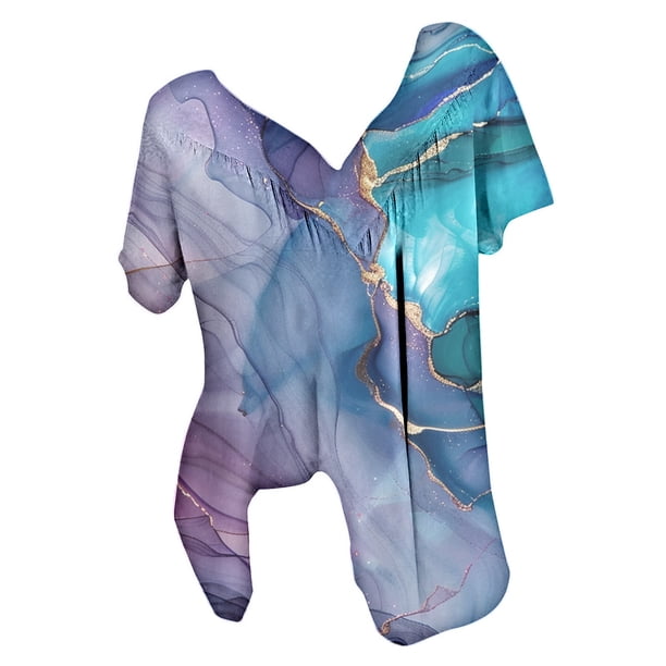 Blusas de Manga Corta para las Mujeres, Casual V-Cuello Impreso Suéter Plegado Blusa Hecha de Poliéster Cómodo para Primavera Otoño, Blusas para las Mujeres Casual