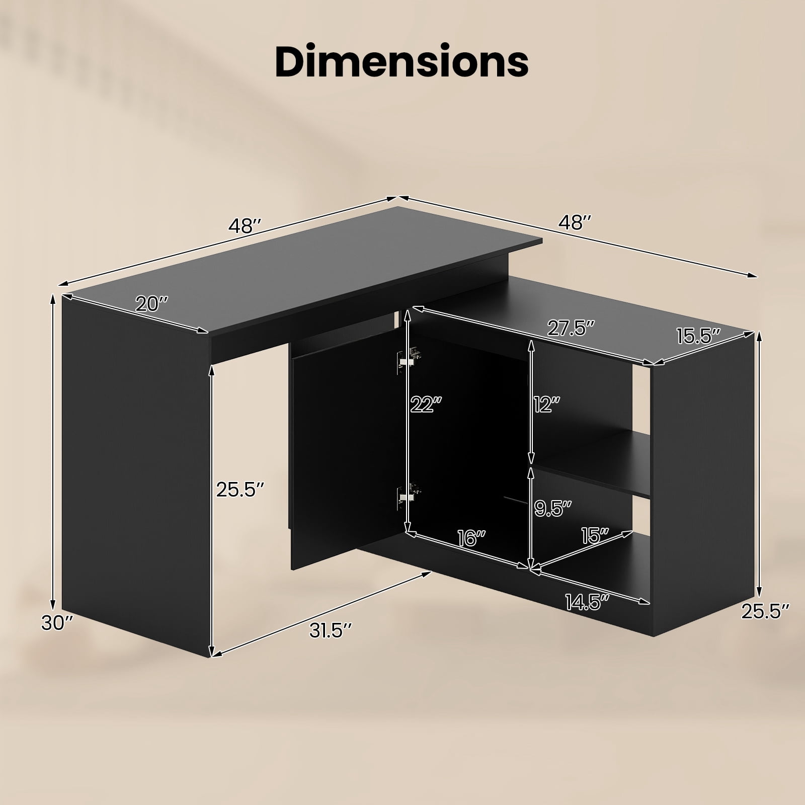 Gymax 48'' Reversible L-shaped Computer Desk w/2 Doors 4 Open Storage Cubes for Office Black