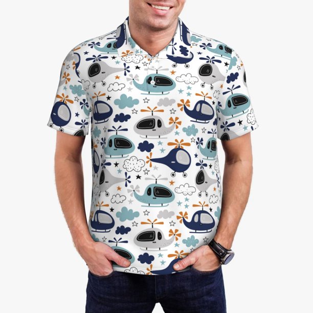 Fotbe Cartoon Helicopters Camiseta Polo de Golf para Hombre con Estampado – Camisa Deportiva Transpirable con Cuello Abotonado-4X-Large
