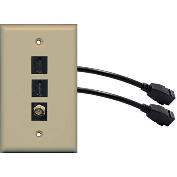 RiteAV (1 Gang Flat 2 HDMI Black Coax Wall Plate w/Pigtail Extension Cable Ivory