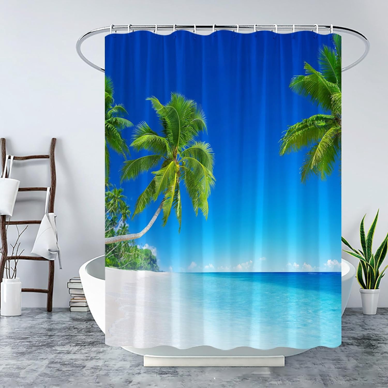 Ocean Beach Shower Curtain Tropical Palm Tree Blue Sea Summer Seaside Landscape Hawaii Nature Seascape Bath Curtain with Plastic hooks