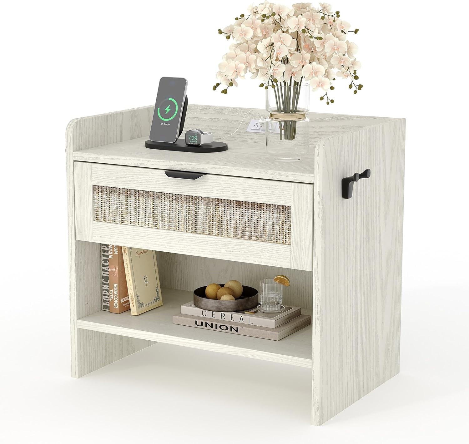 Historyli Bedside Table,Rattan Nightstand, Boho Night Stand with Type-C Charging Station,1 Storage Drawer,and Open Storage Space,End Table,Side Tables,Suitable for Bedroom,Living Room,Milky white