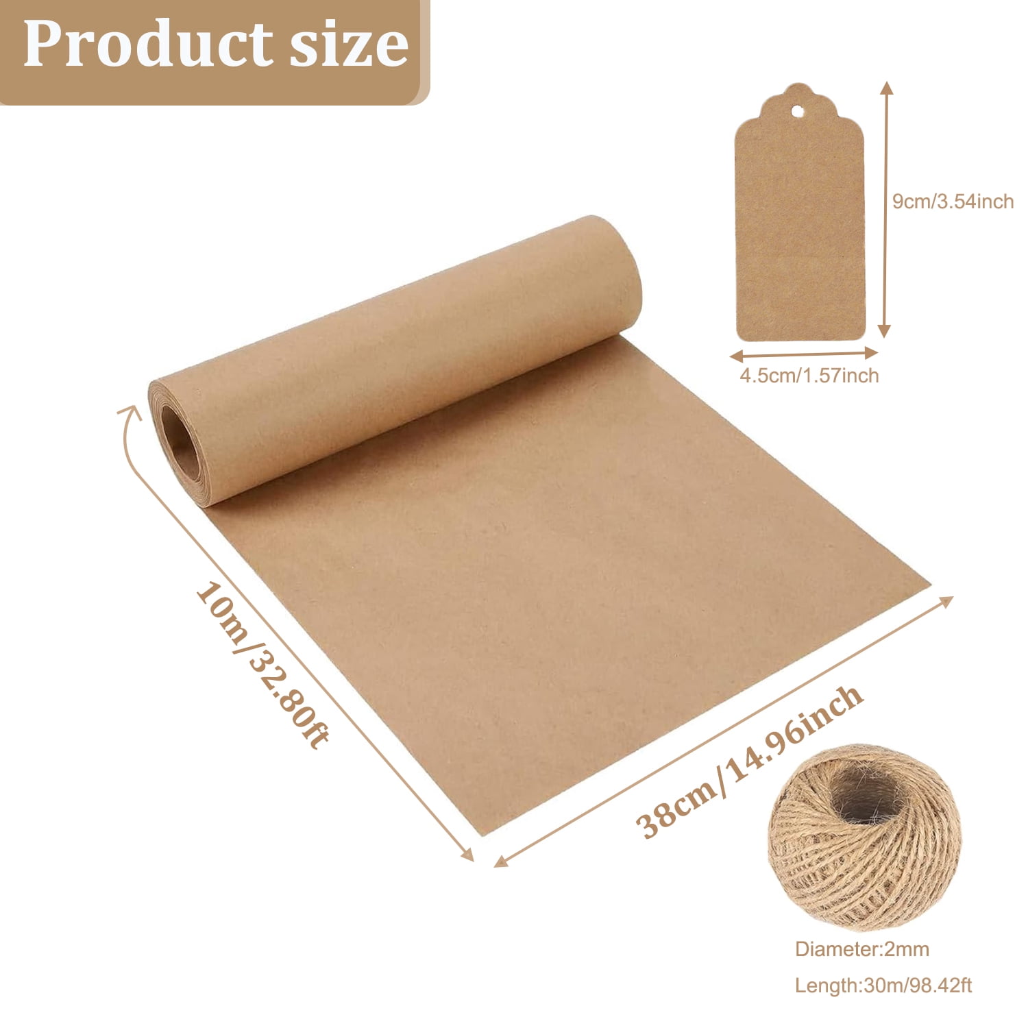 Brown Kraft Paper Roll, Brown Wrapping Paper Set for Packing, Moving, Shipping & Crafts/Arts With Jute String And Gift Tags(14.96in x 32.80ft)