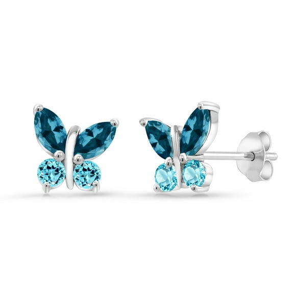 Gem Stone King 1.80 Cttw Marquise London Blue Topaz and Swiss Blue Topaz Butterfly Earrings for Women | 925 Sterling Silver | Gemstone November Birthstone | Center Stone: 6X3MM | Small Stones: 3MM