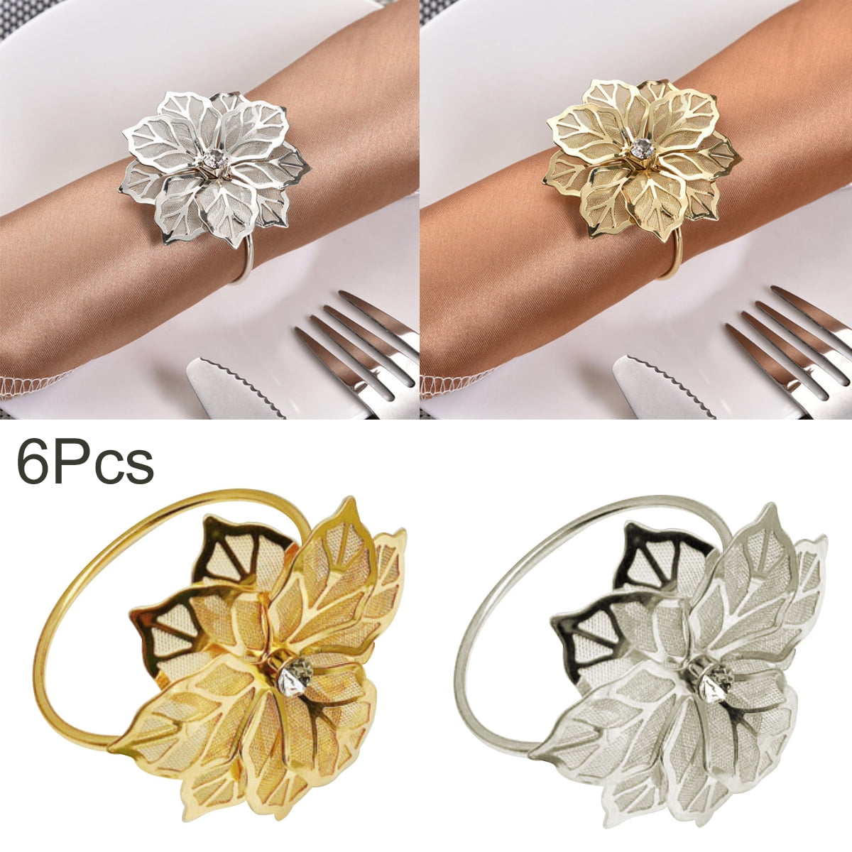 6Pcs Christmas Napkin Rings Pearl Napkin Holders Napkin Buckle Gift for Holiday Dinners Parties Wedding Adornment Table Decoration Accessories Golden
