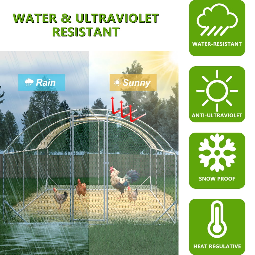 Large Metal Chicken Coop Walk-in Poultry Cage with Water-Resident and Anti-UV Cover Duck Rabbit Cat House Outdoor Chicken Run Pen with Round Roof Nesting Box and Run
