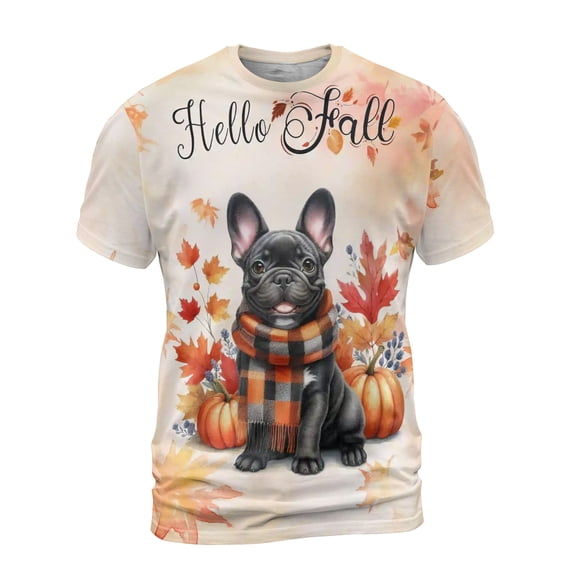 Hello Fall French Bulldog Scarf Welcome Autumn with Leaves Pumpkins All Over Print 3D Shirt Unisex Merch Dog Lover Gifts - 00011