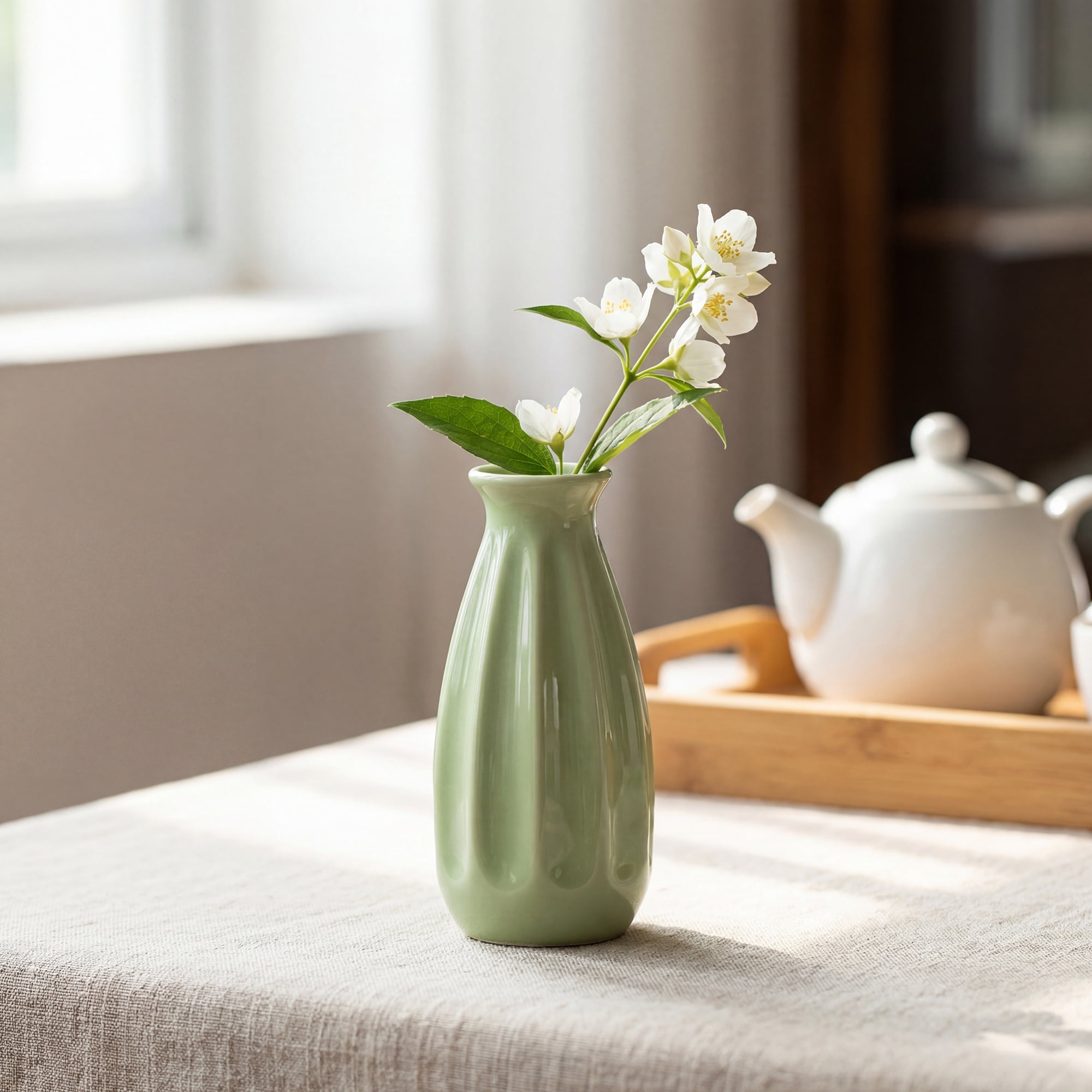 Unique Bargains Small Ceramic Matte Ribbed Flower Vase Green 2.4"L x 2.4"W x 5.1"H