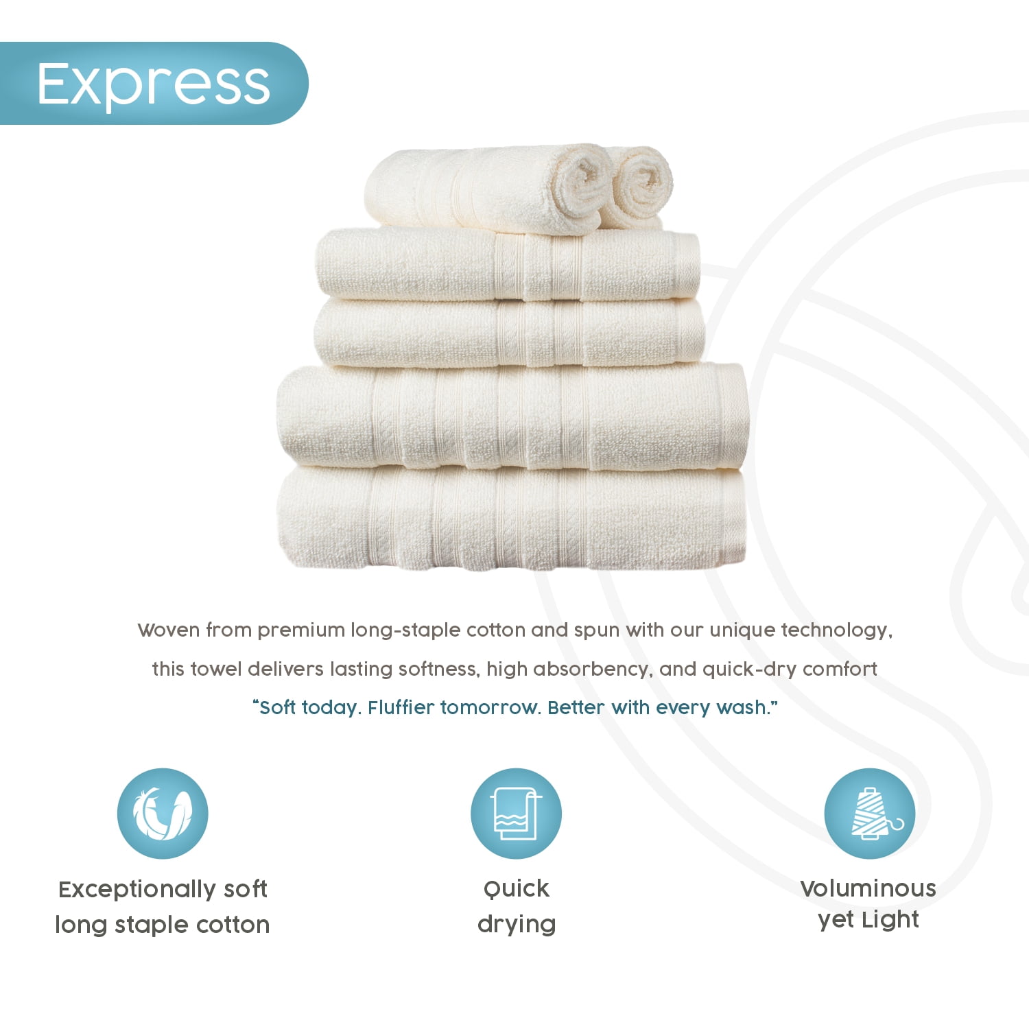 Express Solid 100% Cotton 520 GSM 6 Piece Bath Towel Set, Soft & Absorbent, Quick Dry, Size 27x54 Inches, Durable Everyday Use, Ivory, OEKO-TEX® Certified