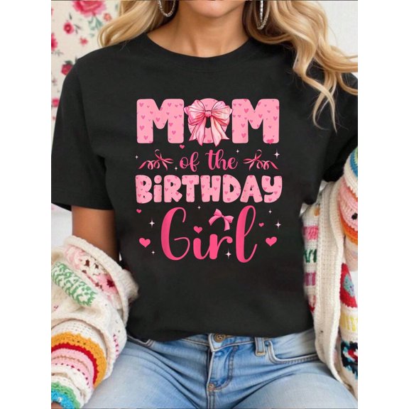 Women Cotton Tshirt Mom Of The Birthday Girl Family Pink Coquette Bow T-Shirt Comfort Tshirt Women