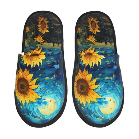 Balery Vintage Starry Sky Sunflower Slient Indoor Furry Fleece Comfort House Shoes Soft Non-Slip Home Shoes Cotton slippers House Slippers-- Large
