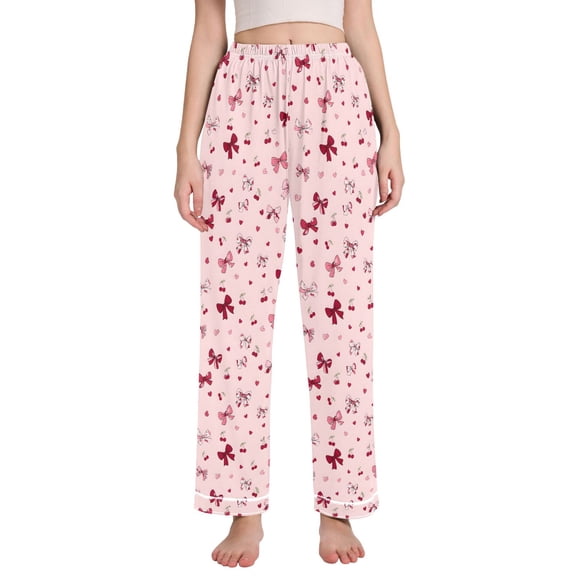 joogoo Women Bows Hearts Cherry Pajamas Pants Lounge Bottoms Pjs with Pockets M