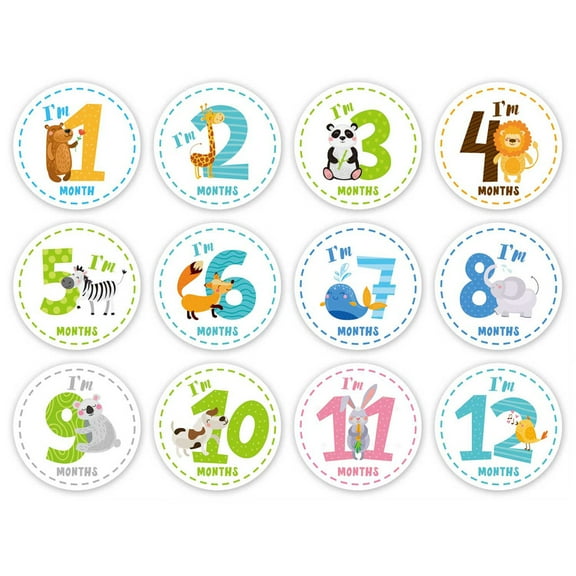 12 Sheets Cute Baby Monthly Milestone Stickers Animals Photographic Props