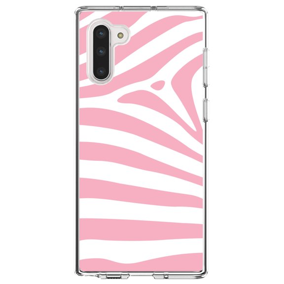 DistinctInk Clear Shockproof Hybrid Case for Samsung Galaxy Note 10 (6.3" Screen) - TPU Bumper, Acrylic Back, Tempered Glass Screen Protector - Pink & White Zebra Skin Stripes