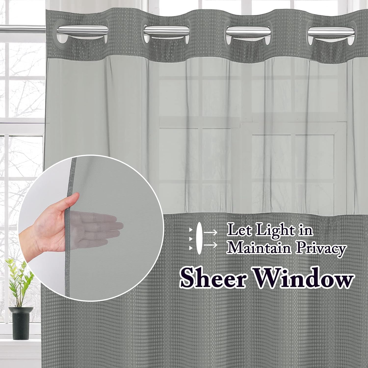 Zrodlmo No Hook Fabric Shower Curtain with Snap Lining, Waffle Waterproof and Mildew Resistant Bathroom Curtain, 72" x 74", Gray