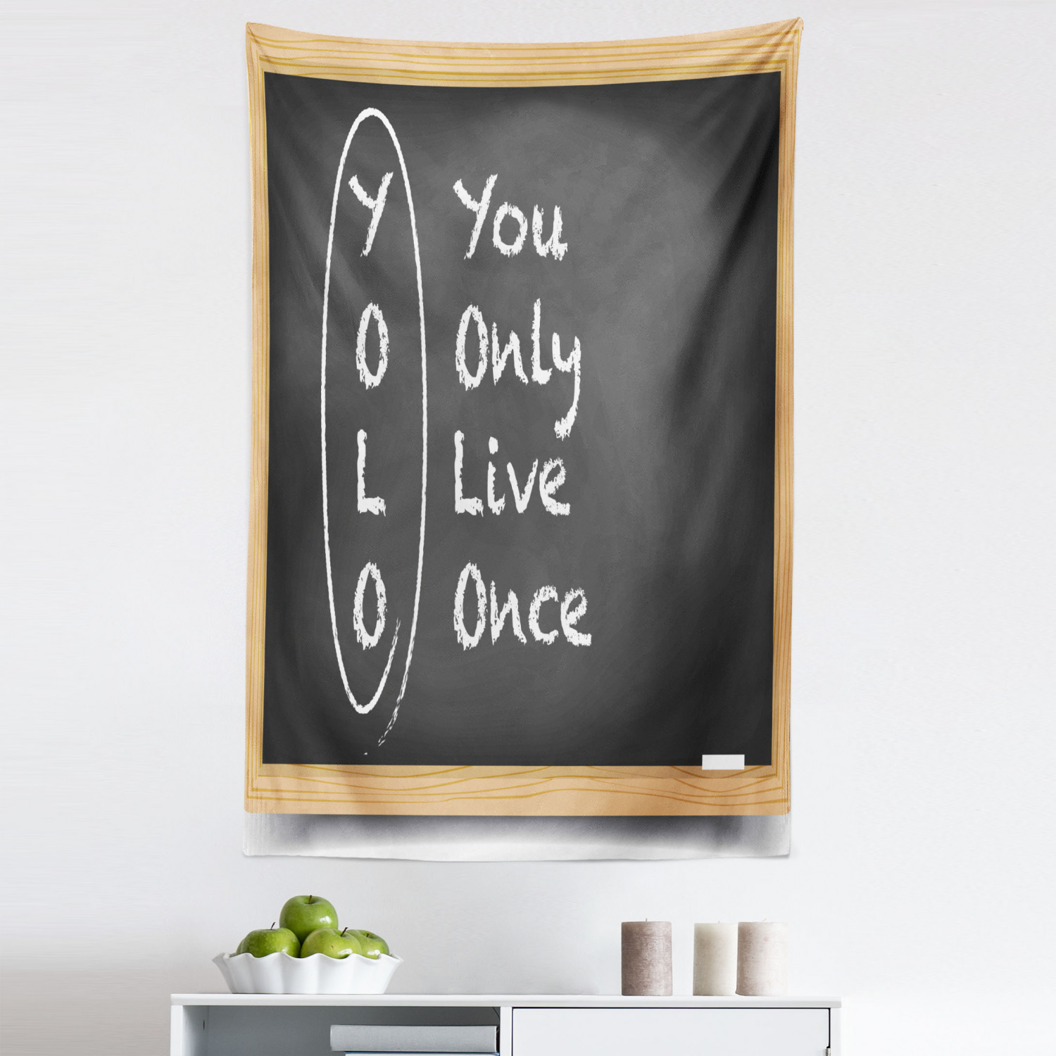 YOLO Tapestry, Chalkboard Background Abbreviation Room Themed