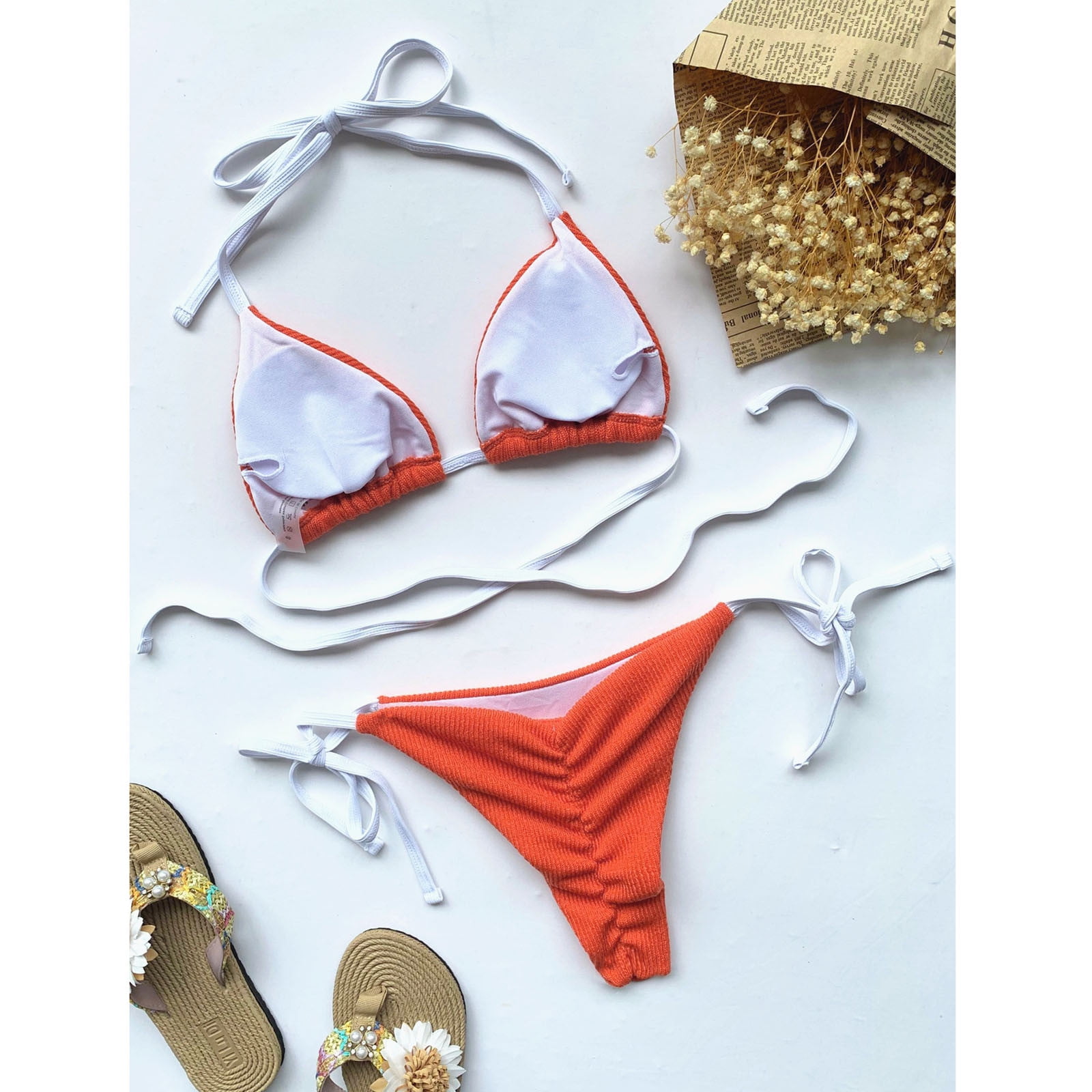 HAPIMO Women's Bikini Swimsuit Solid Color Beachwear Summer Seaside Clothes  for Girls Halter Swimwear Sets Ribbed Bathing Suit Savings Orange S 