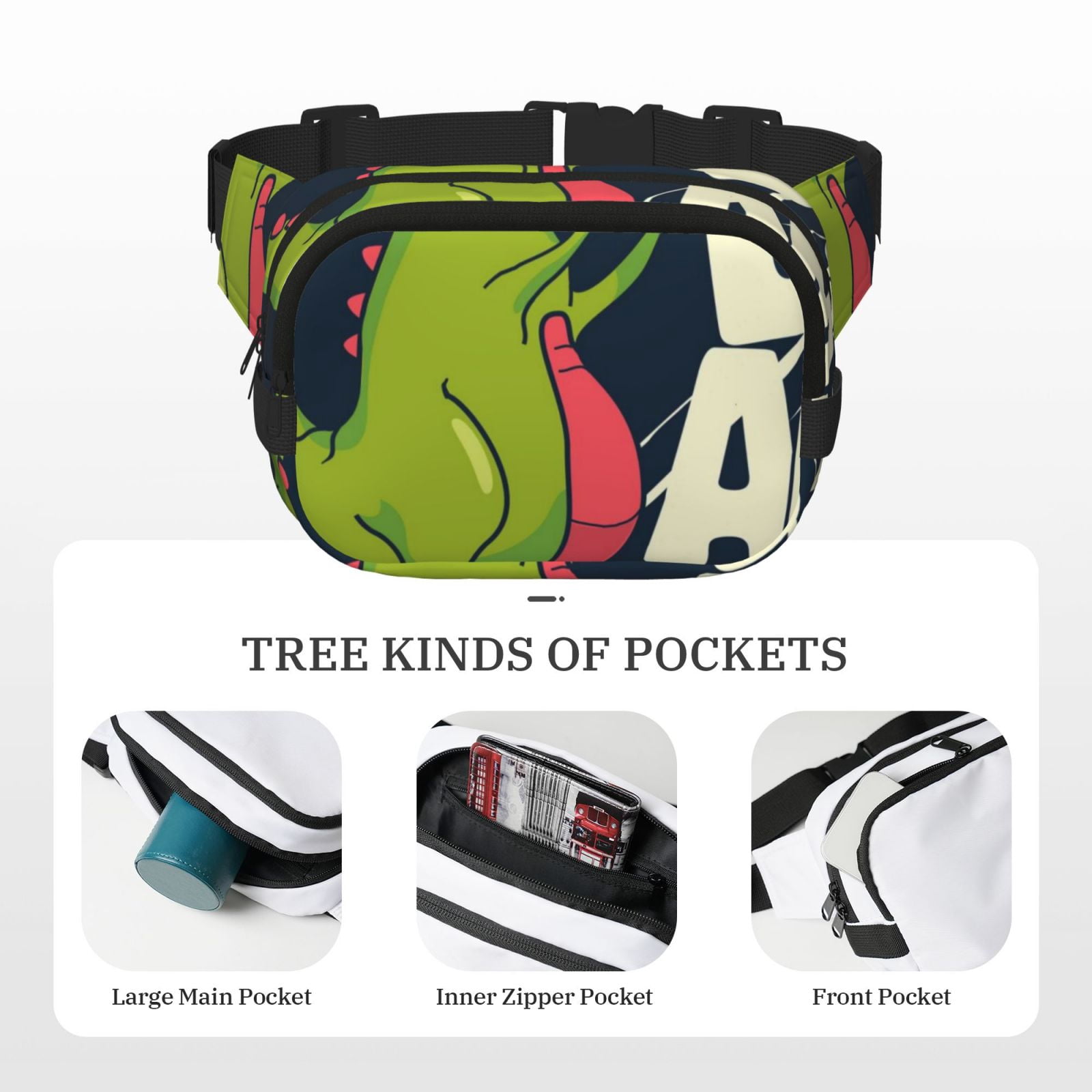 Picia Dinosaur Basketball Player Print Square Double-Layer Waist Bag Mini Adjustable Waist Belt Bag Exercise Running Travel Hiking