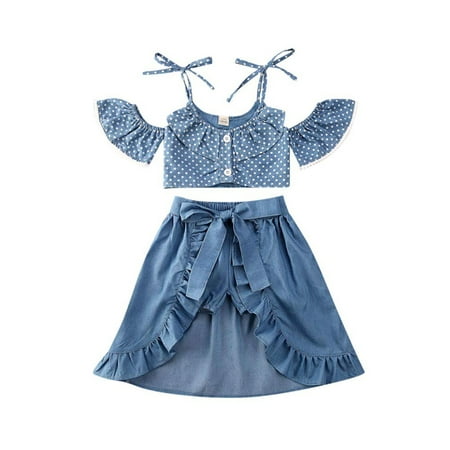 

Toddler Kids Baby Girls Skirt Outfit Off-Shoulder Crop Top and Printed Irregular Pantskirt Skirt