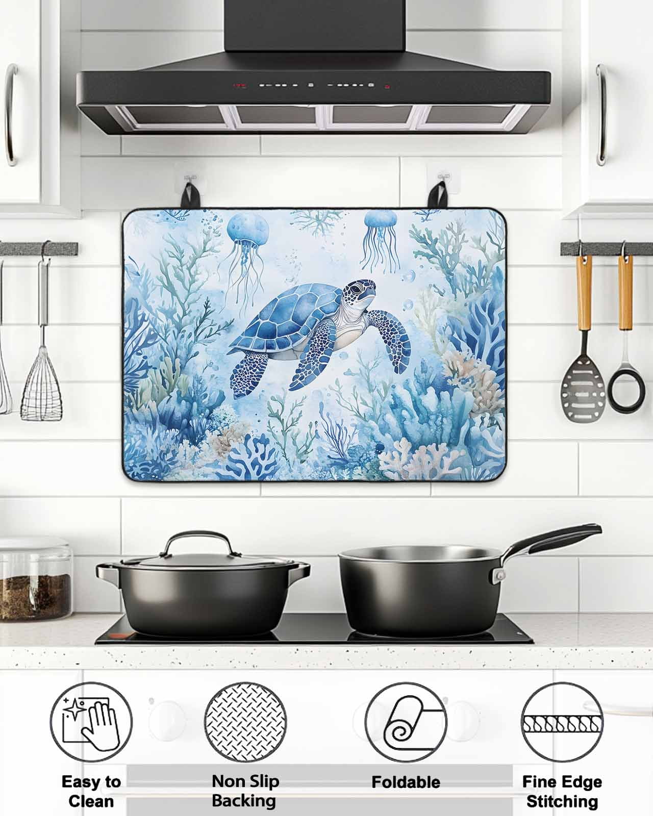 Stove Top Covers for Electric Stove, Sea Turtle Coastal Glass Stovetop Cover Protector, Blue Summer Beach Coral Jellyfish Induction Cooktop Protector Oven Mat for Kitchen Countertop 24"x21"