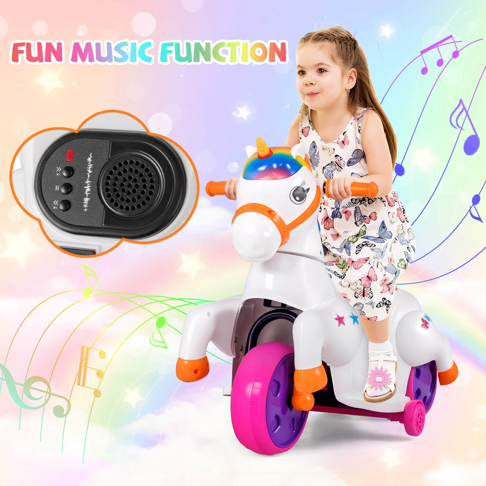 Costway 12V Kids Ride on Unicorn Toy with  Training Wheels Music One-button Start Horse Toy Multicolor